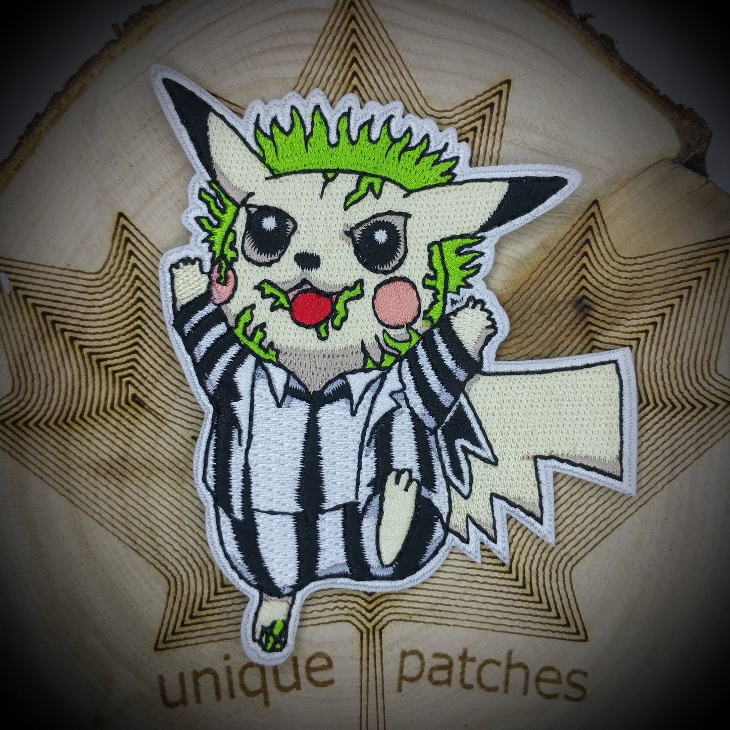 BEETLE-CHU BEETLEJUICE Mashup embroidery patch morale hook loop Tim Burton horror film movie Keaton Pikachu Alola Kanto Johto