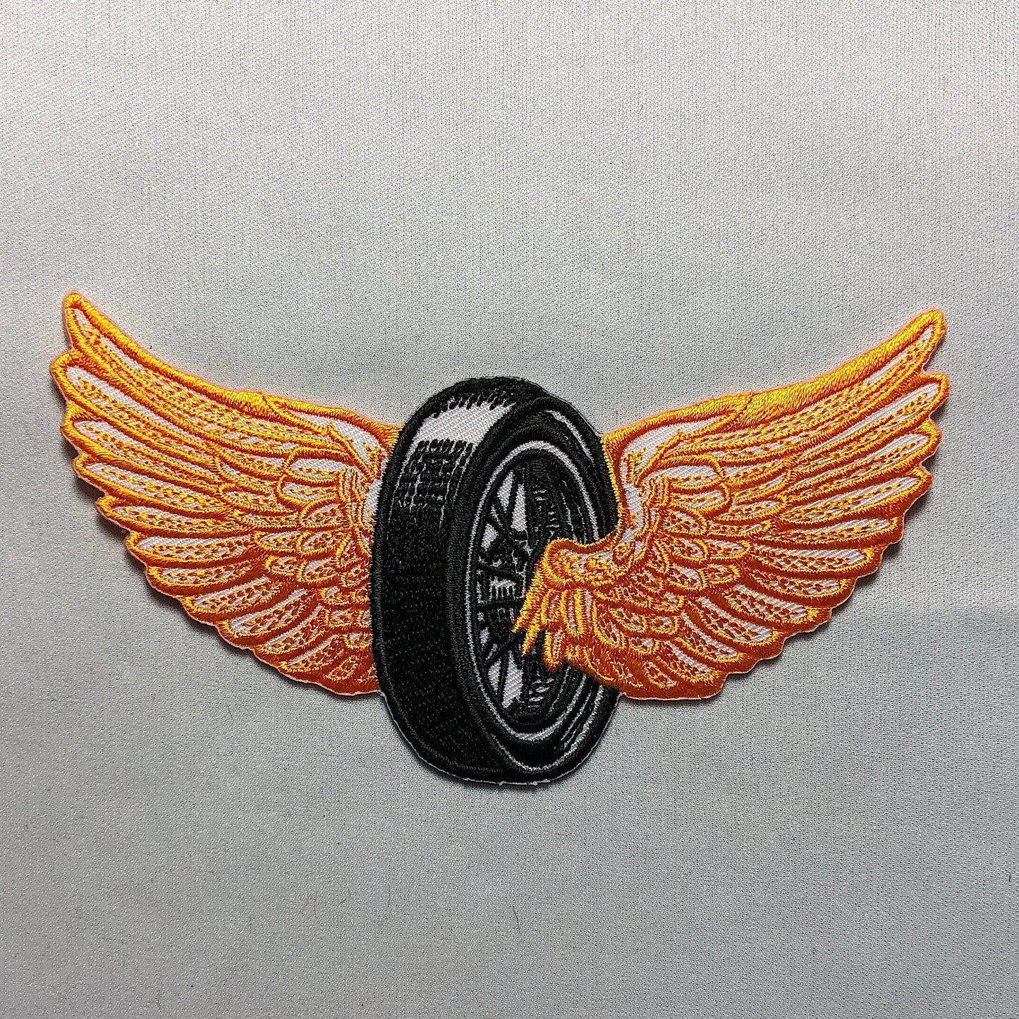 FLYING WHEEL WINGS Iron-On Patch - Biker Motorcycle Leather Vest - Tire Embroidery Morale - Bike Freedom Orange