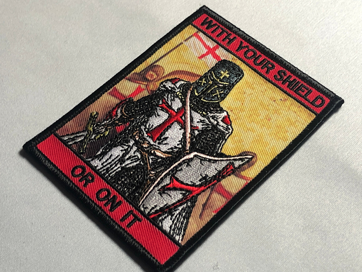 WITH YOUR SHIELD or on it Tactical Patch morale Crusader Templar Cross Wills It Shield Christian Church In this sign thou shalt conquer