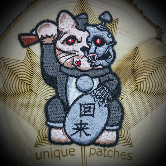 The TERMINATOR Lucky Cat Maneki Neko Mashup embroidery patch morale hook and loop movie Cameron Arnold Schwarzenegger robot Connor Skynet