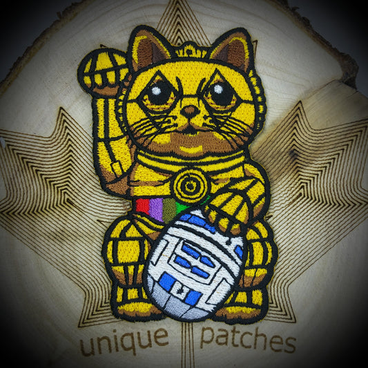 C-3PO Lucky Cat Maneki Neko Mashup embroidery patch morale Comics hook and loop See-Threepio humanoid robot Anakin droid r2-d2 pussy cat