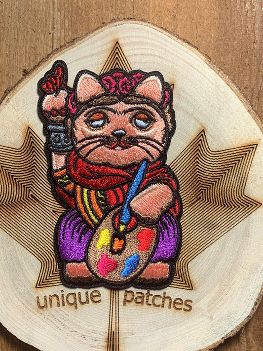 FRIDA KAHLO Lucky Cat Maneki Neko Mashup Patch - Embroidery for Mexican Painter Art - Hook Loop - Iconic Eyebrows Emblem