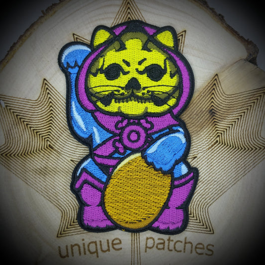 SKELETOR Lucky Cat Maneki Neko Mashup embroidery patch morale Comics hook and loop Master of Universe He-Man Evil Demon Mask keldor Randor