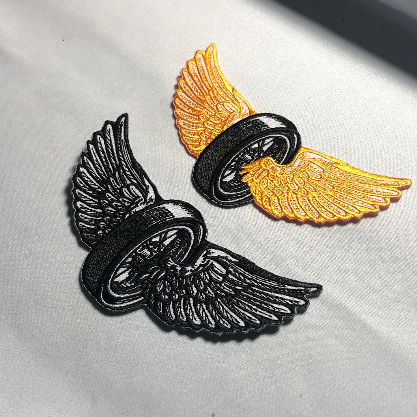 FLYING WHEEL WINGS Iron-On Patch - Biker Motorcycle Leather Vest - Tire Embroidery Morale - Bike Freedom Orange