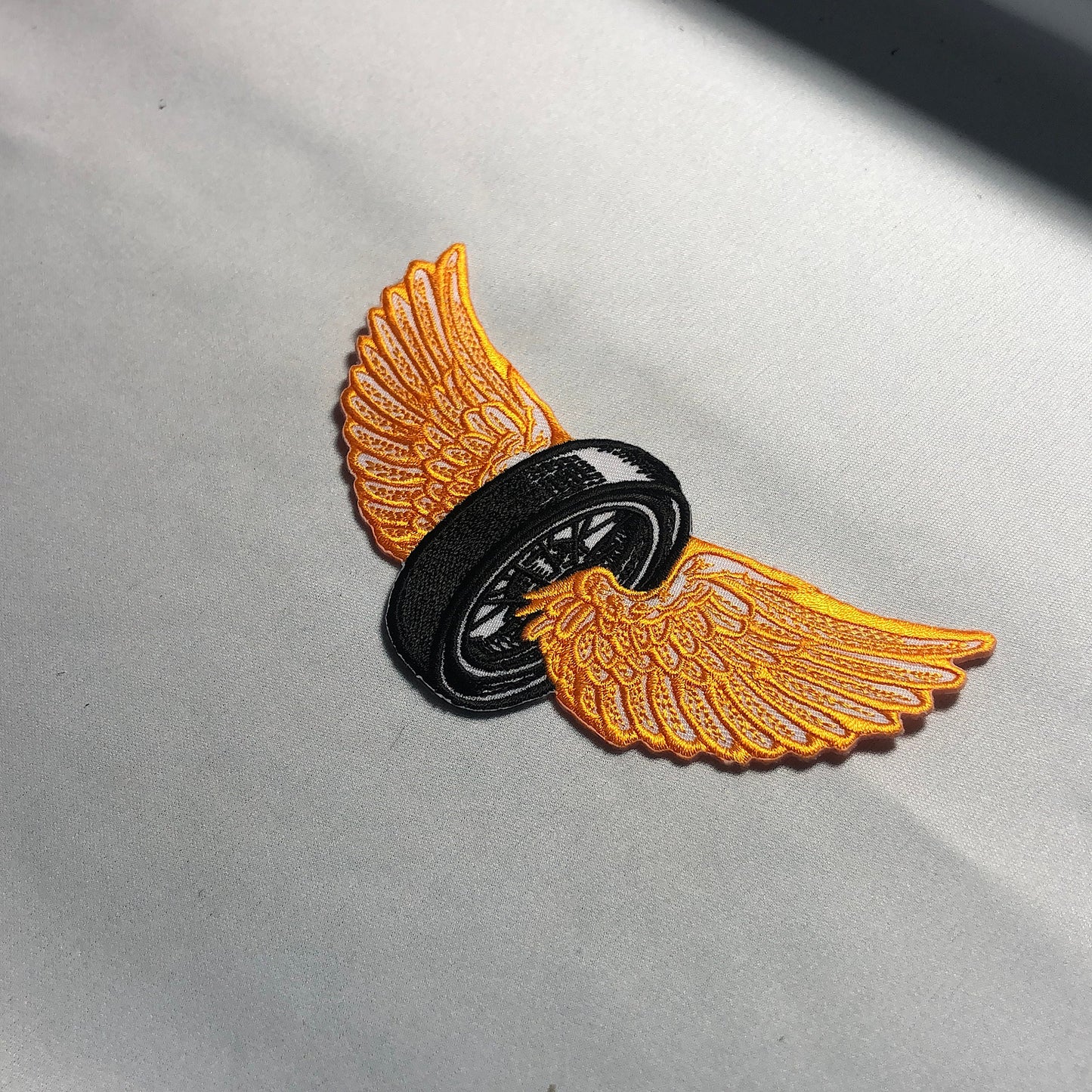 FLYING WHEEL WINGS Iron-On Patch - Biker Motorcycle Leather Vest - Tire Embroidery Morale - Bike Freedom Orange