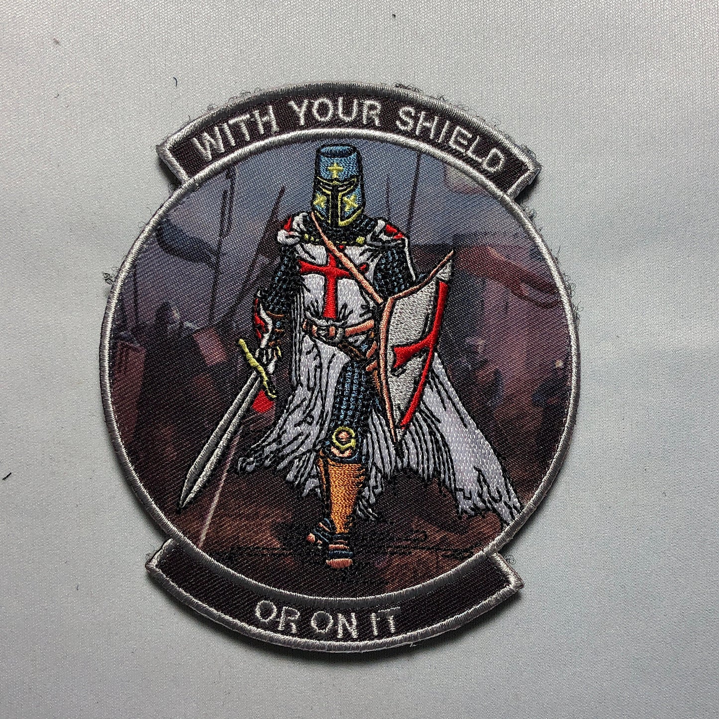 WITH YOUR SHIELD or on it Tactical Patch morale Crusader Templar Cross Wills It Shield Christian Church In this sign thou shalt conquer