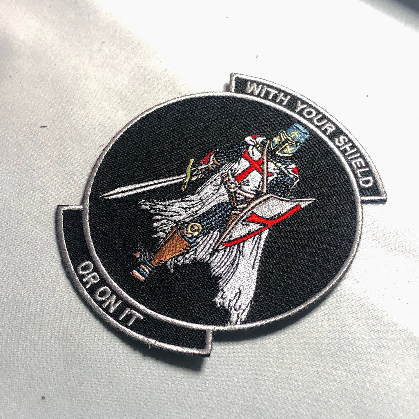 WITH YOUR SHIELD or on it Tactical Patch morale Crusader Templar Cross Wills It Shield Christian Church In this sign thou shalt conquer