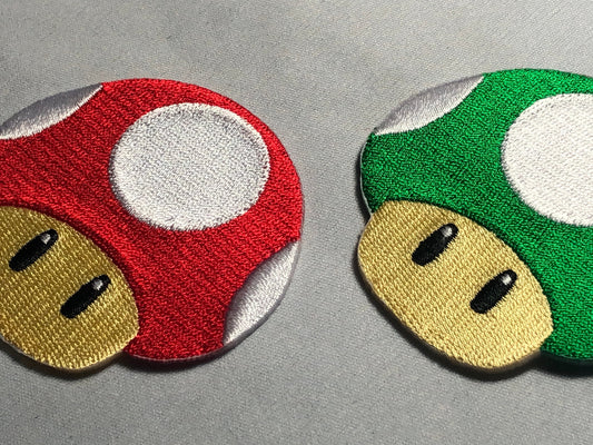Mario's Red or Green Super Magic Mushroom Iron-On Patch - Embroidered Badge for Jackets - Applique with Hook and Loop - Power Up Mega Emblem