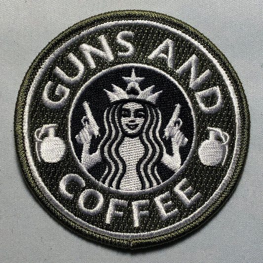 I love GUNS and COFFEE Patch Morale Army Green 2nd Brew Coffeine Amendment Heart Tactical Java Pistol AR15 C8H10N4O2 Grenade