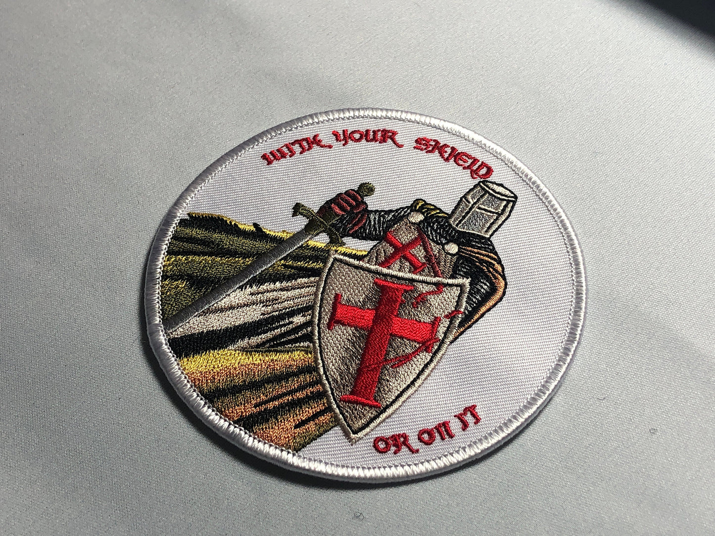 WITH YOUR SHIELD or On It Tactical Patch morale Crusader Templar Cross God Wills It Shield Christian Church In this sign thou shalt conquer