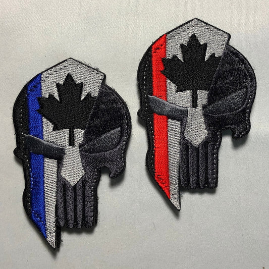Canadian SKULL Spartan Punishe Helmet Flag Tactical Patch Morale Police Army Roman Maple Red Firefighter Medic Paramedic Subdued mean eye