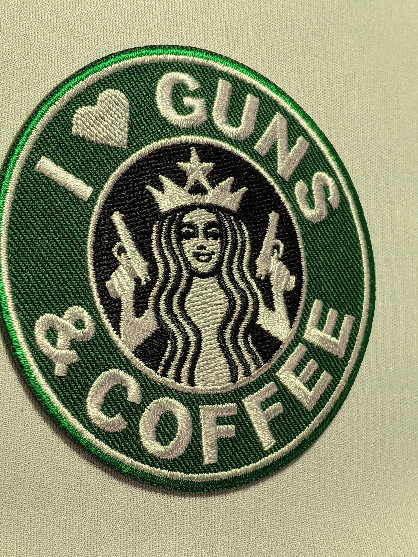 I love GUNS and COFFEE Patch Morale Army Green 2nd Brew Coffeine Amendment Heart Tactical Java Pistol AR15 C8H10N4O2 Grenade