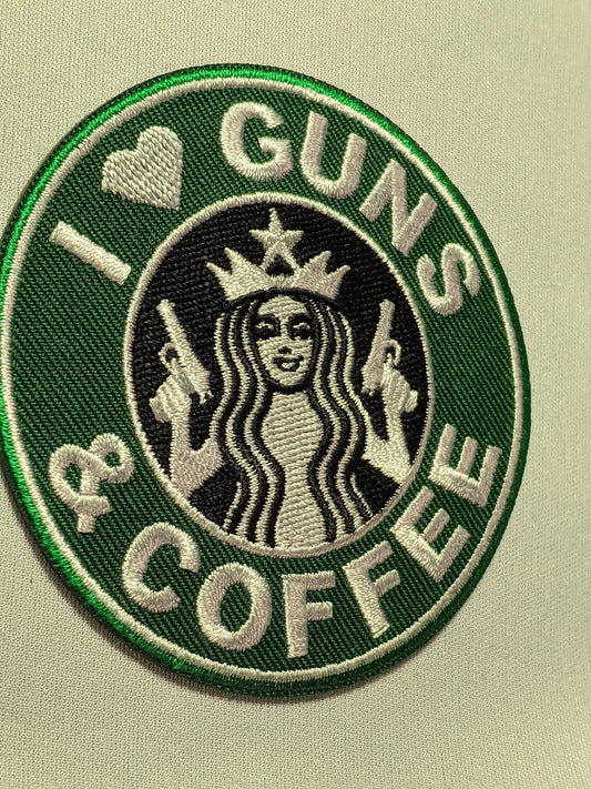 I love GUNS and COFFEE Patch Morale Army Green 2nd Brew Coffeine Amendment Heart Tactical Java Pistol AR15 C8H10N4O2 Grenade