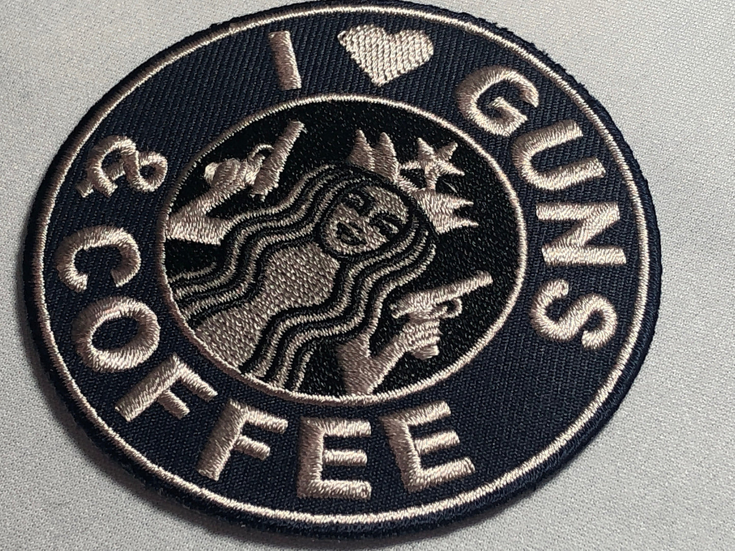 I love GUNS and COFFEE Patch Morale Army Green 2nd Brew Coffeine Amendment Heart Tactical Java Pistol AR15 C8H10N4O2 Grenade