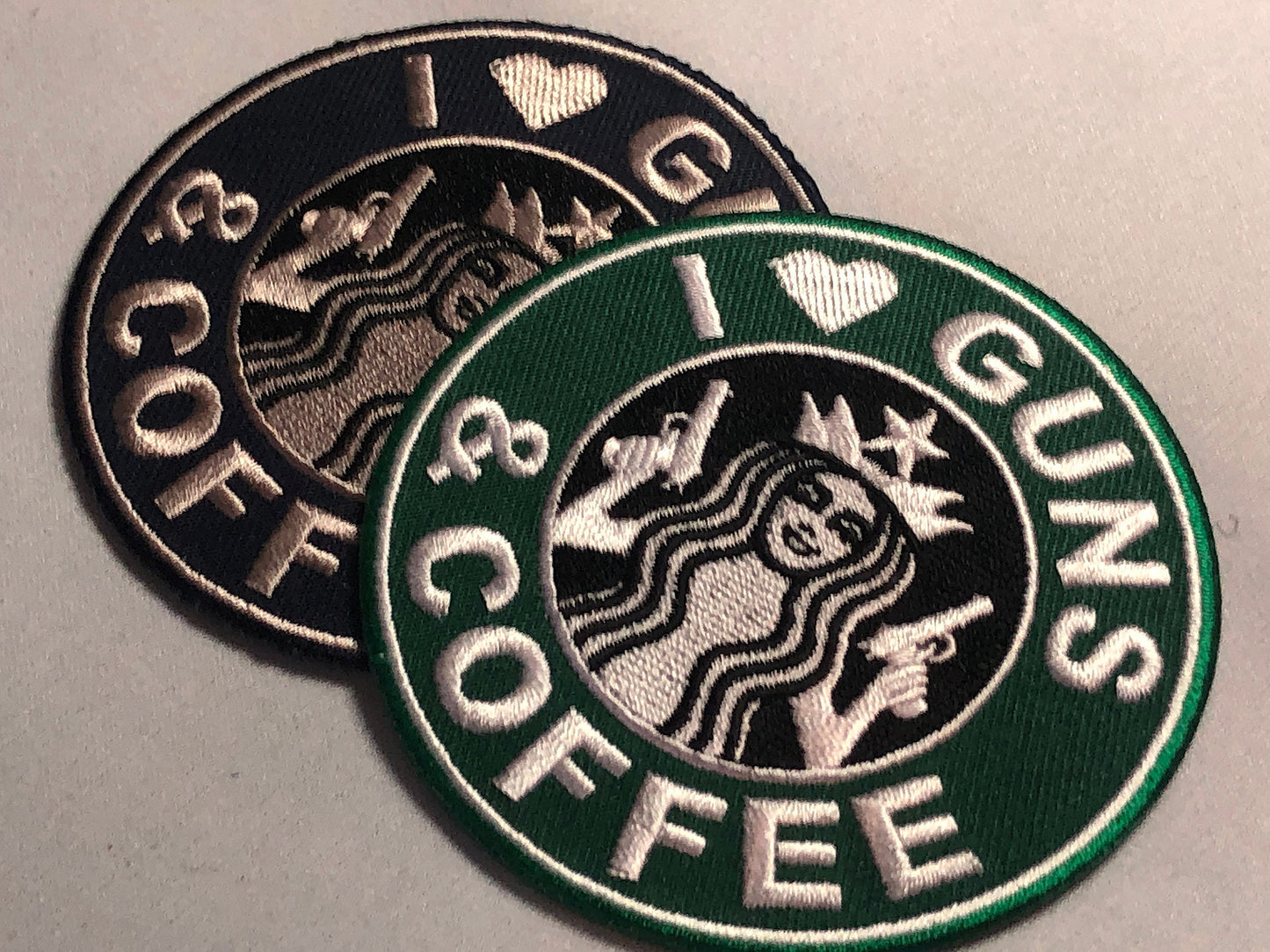 I love GUNS and COFFEE Patch Morale Army Green 2nd Brew Coffeine Amendment Heart Tactical Java Pistol AR15 C8H10N4O2 Grenade