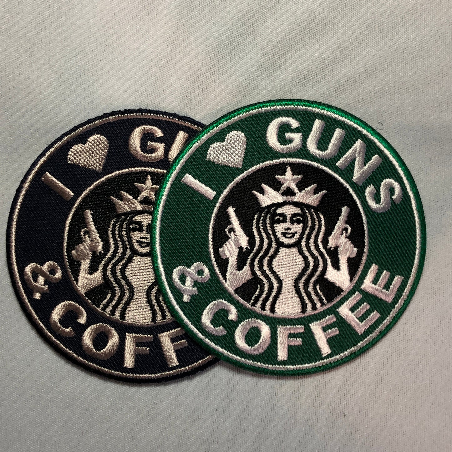I love GUNS and COFFEE Patch Morale Army Green 2nd Brew Coffeine Amendment Heart Tactical Java Pistol AR15 C8H10N4O2 Grenade