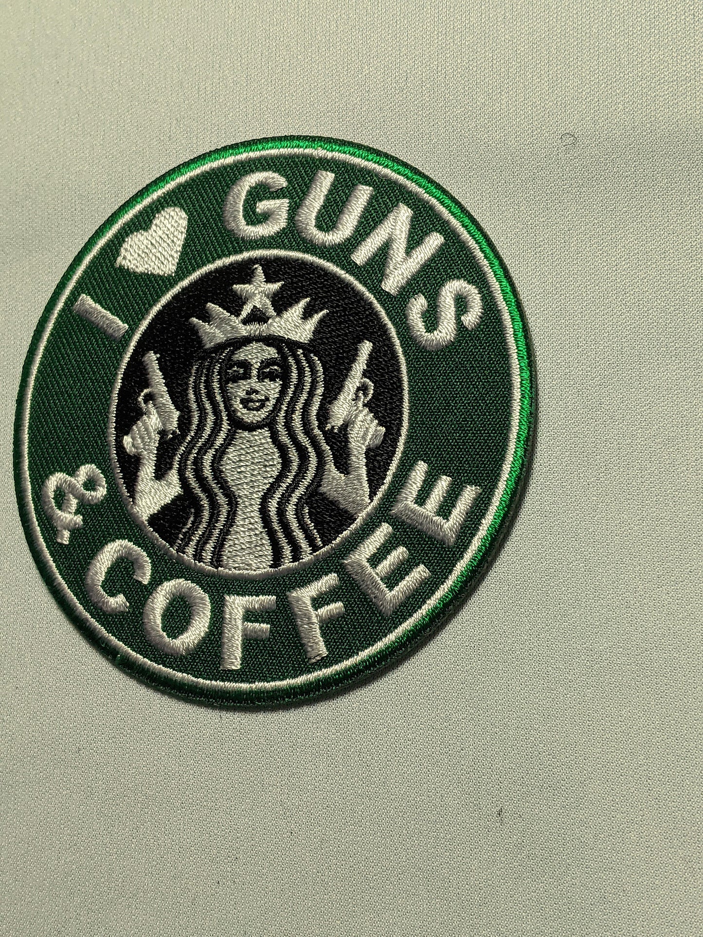 I love GUNS and COFFEE Patch Morale Army Green 2nd Brew Coffeine Amendment Heart Tactical Java Pistol AR15 C8H10N4O2 Grenade