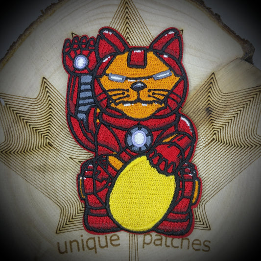 IRON Lucky Cat Maneki Neko Mashup embroidery patch morale Comics hook loop super hero man Avengers Air Force Avengers shield infinity Stark