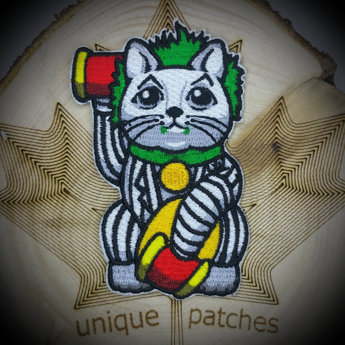 BEETLEJUICE Lucky Cat Maneki Neko Mashup embroidery patch morale hook loop Tim Burton horror film movie Keaton Betelgeuse