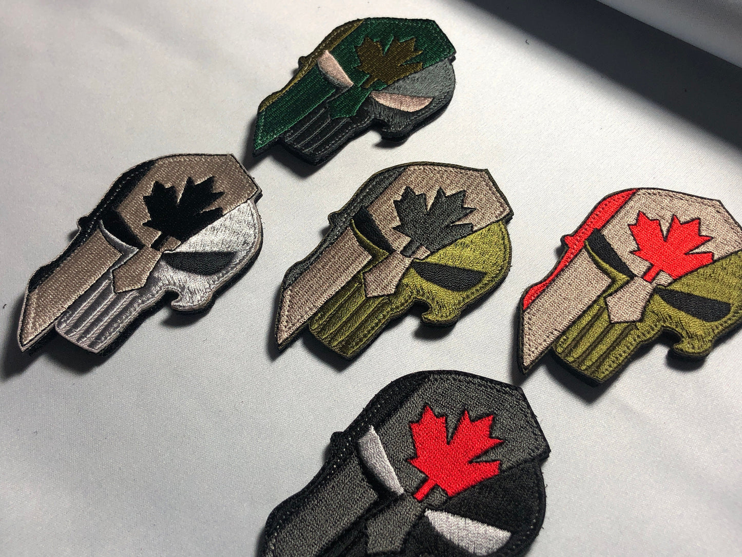 Canadian SKULL Spartan Punishe Helmet Flag Tactical Patch Morale Police Army Roman Maple Red Firefighter Medic Paramedic Subdued mean eye
