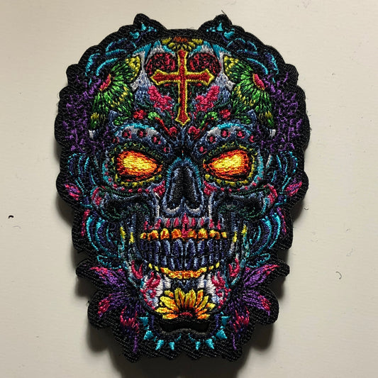 SUGAR SKULL Patch Morale Biker Backpack Mask Bike Mean Calavera Death All Souls Day Mexico Dia De los Muertos Motorcycle Flowers fire cross