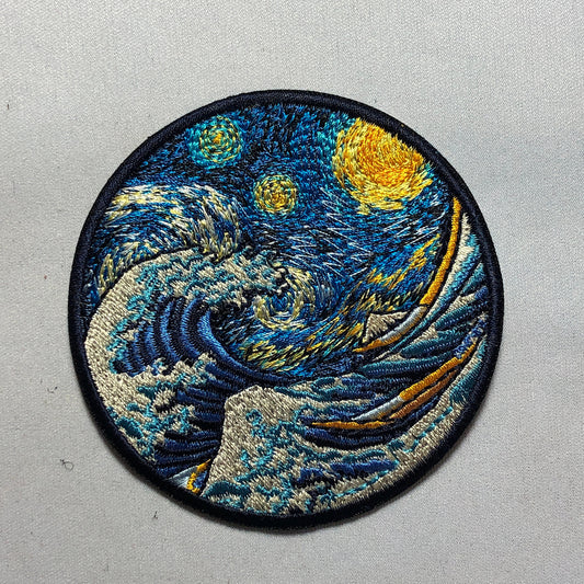 Starry night van gogh the great wave off kanagawa patch morale japan emblem japanese the wave art of tsunamis hurricane nippon hokusai